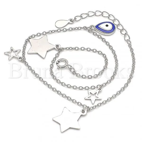 Sterling Silver 03.336.0050.10 Charm Anklet , Teardrop and Star Design, Blue Enamel Finish, Rhodium Tone