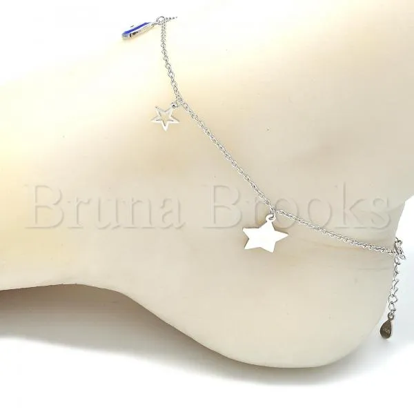 Sterling Silver 03.336.0050.10 Charm Anklet , Teardrop and Star Design, Blue Enamel Finish, Rhodium Tone