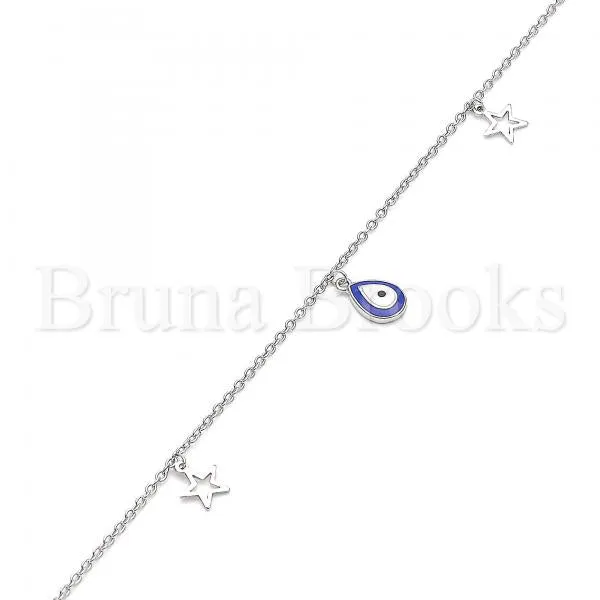 Sterling Silver 03.336.0050.10 Charm Anklet , Teardrop and Star Design, Blue Enamel Finish, Rhodium Tone