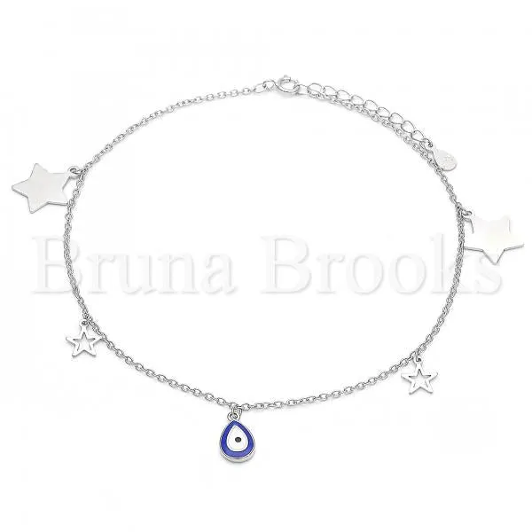 Sterling Silver 03.336.0050.10 Charm Anklet , Teardrop and Star Design, Blue Enamel Finish, Rhodium Tone