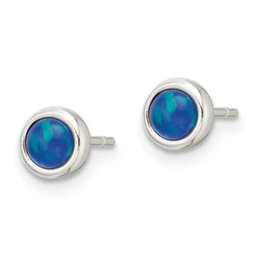 Sterling Silver 5mm Blue Cabochon Opal Bezel Stud Earrings