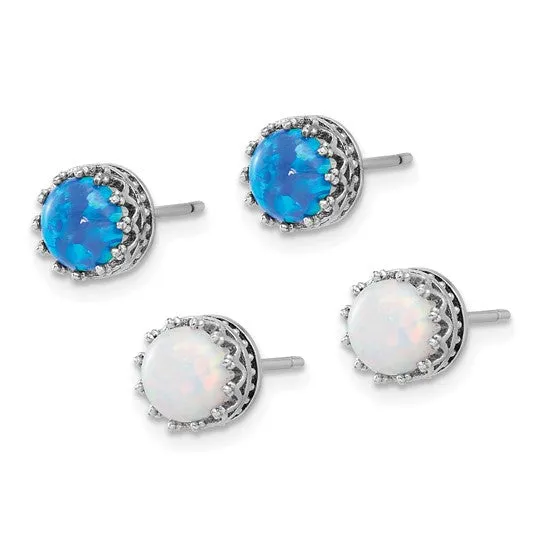 Sterling Silver 7mm Blue and White Opal Earrings Set