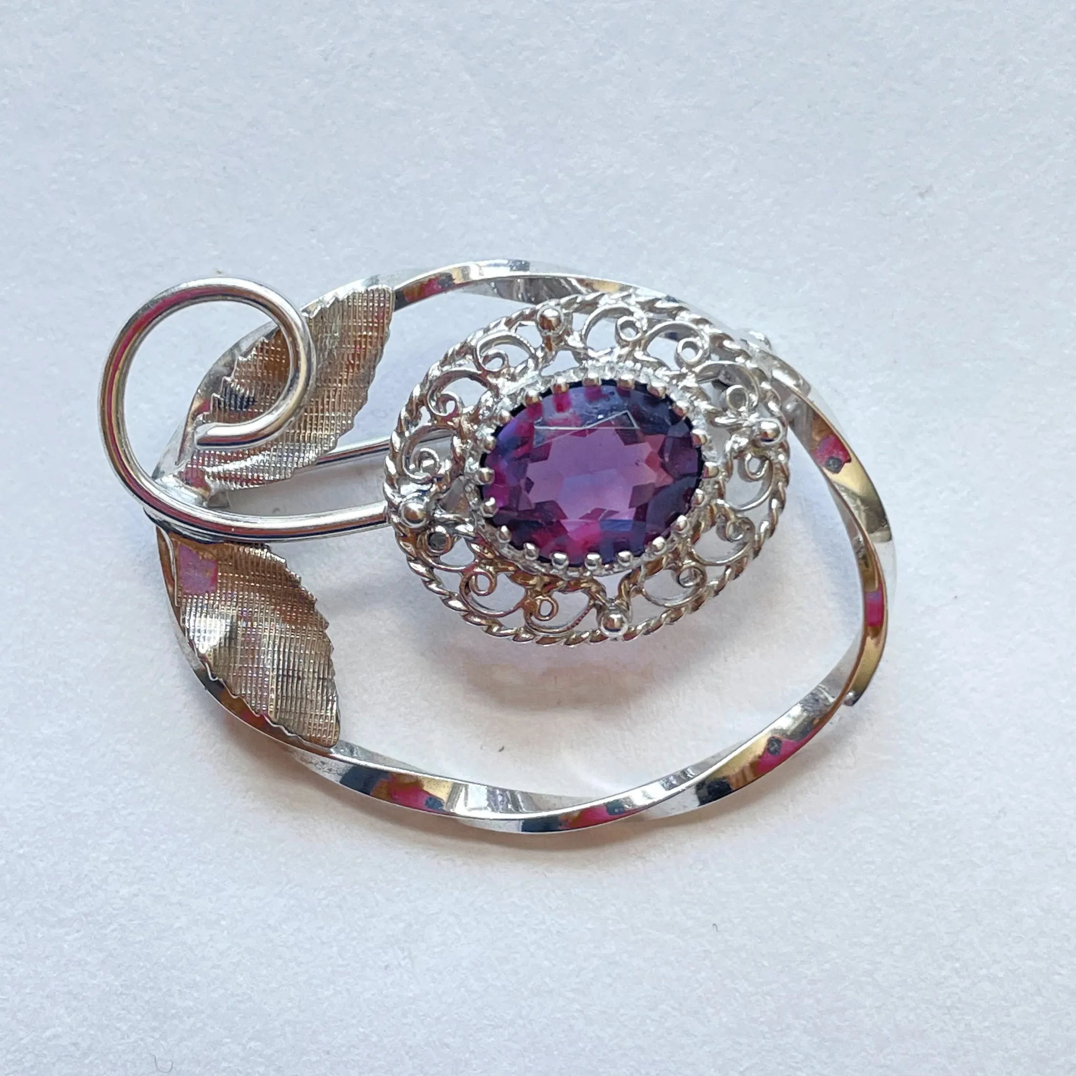 Sterling Silver Amethyst Floral Brooch, Signed S