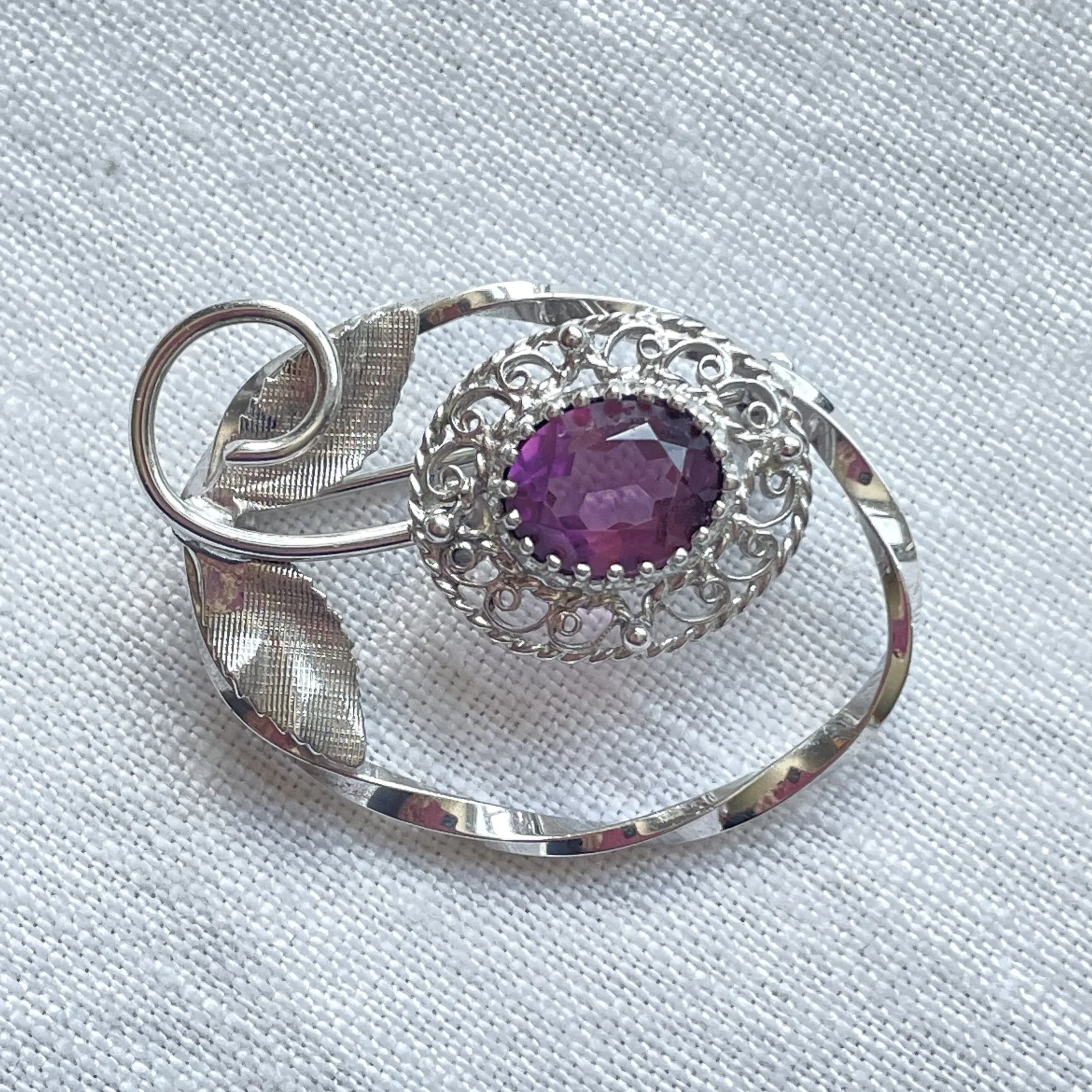 Sterling Silver Amethyst Floral Brooch, Signed S