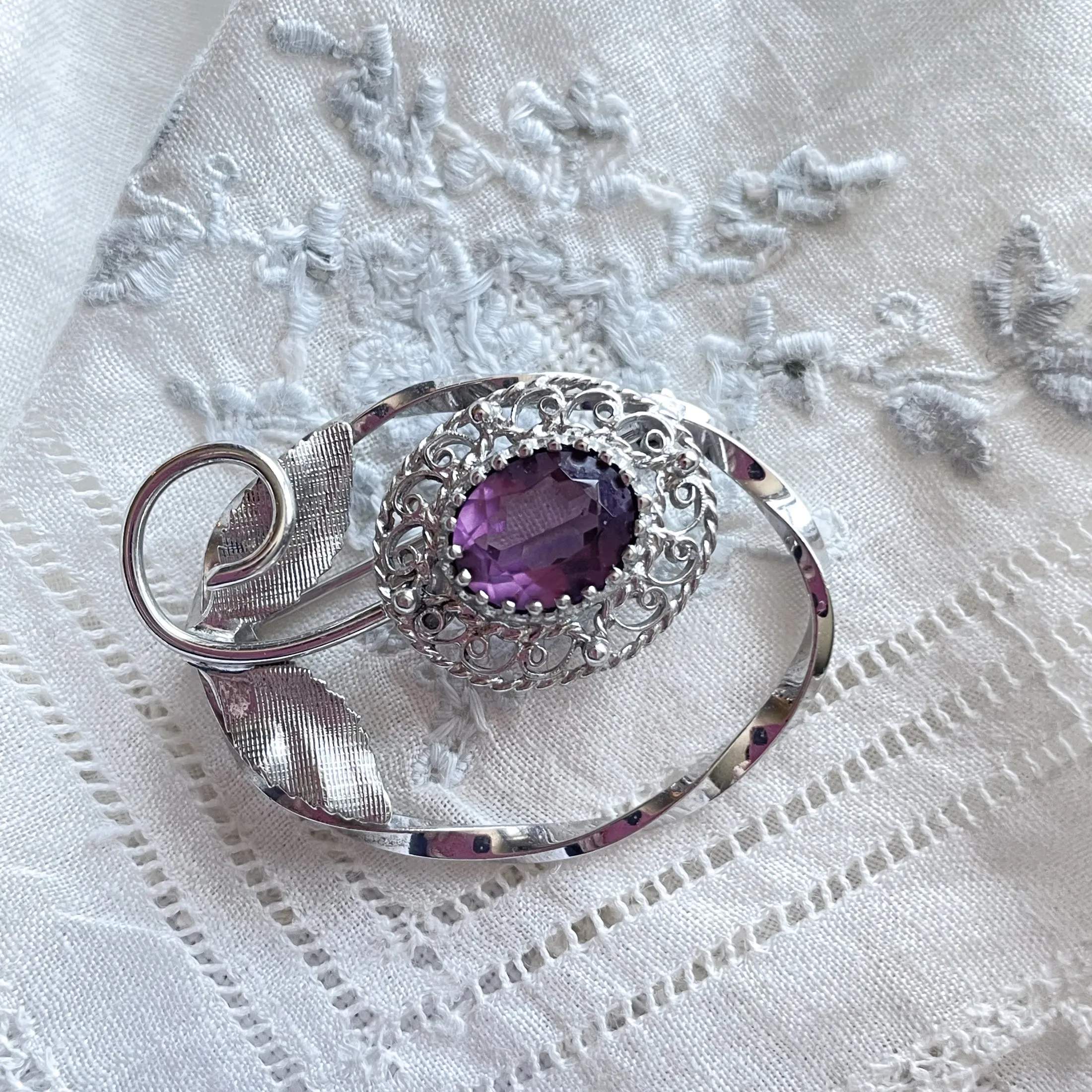 Sterling Silver Amethyst Floral Brooch, Signed S