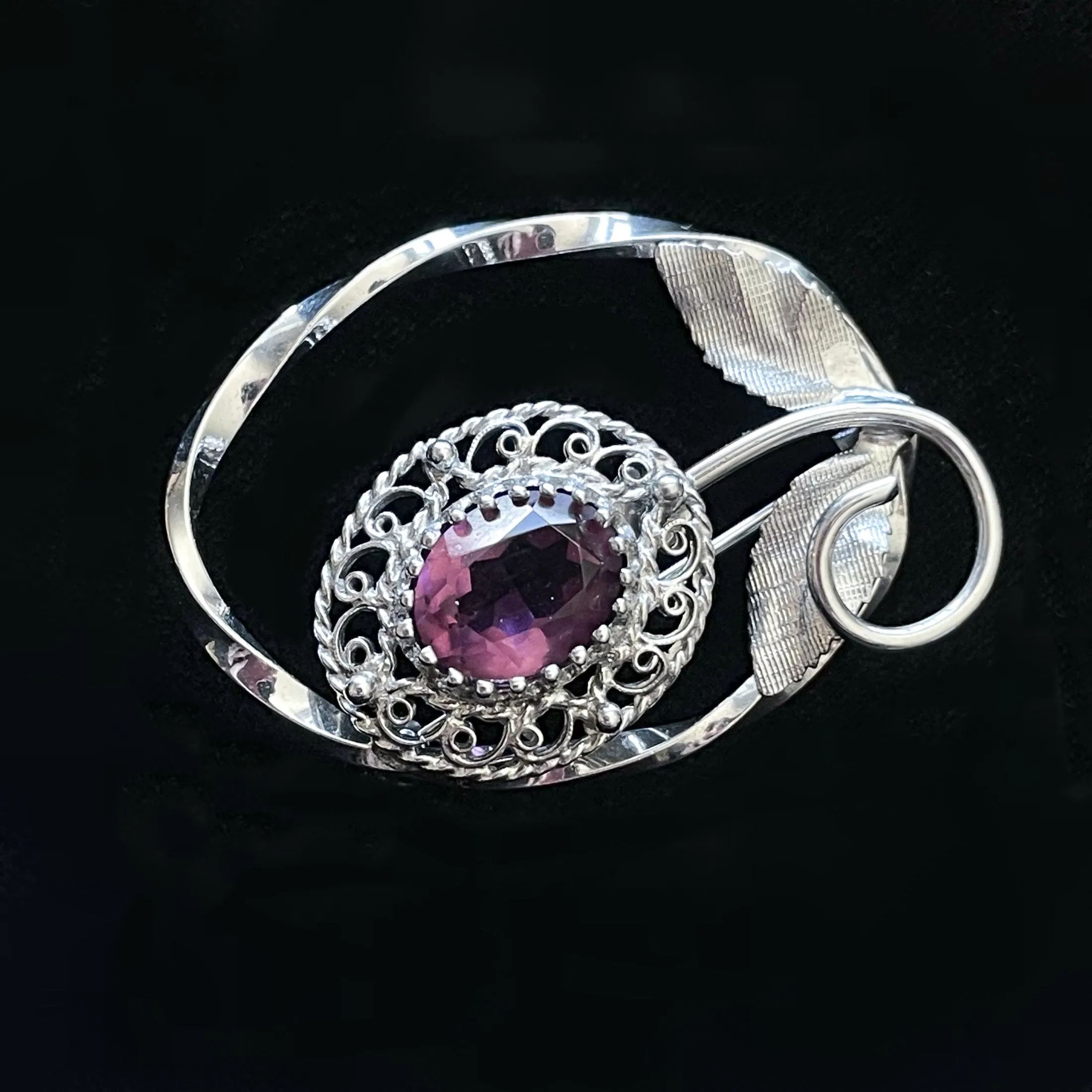 Sterling Silver Amethyst Floral Brooch, Signed S