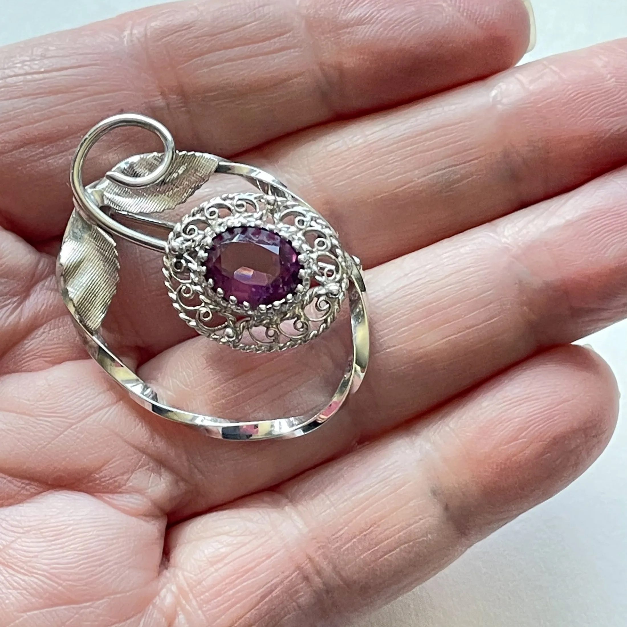 Sterling Silver Amethyst Floral Brooch, Signed S