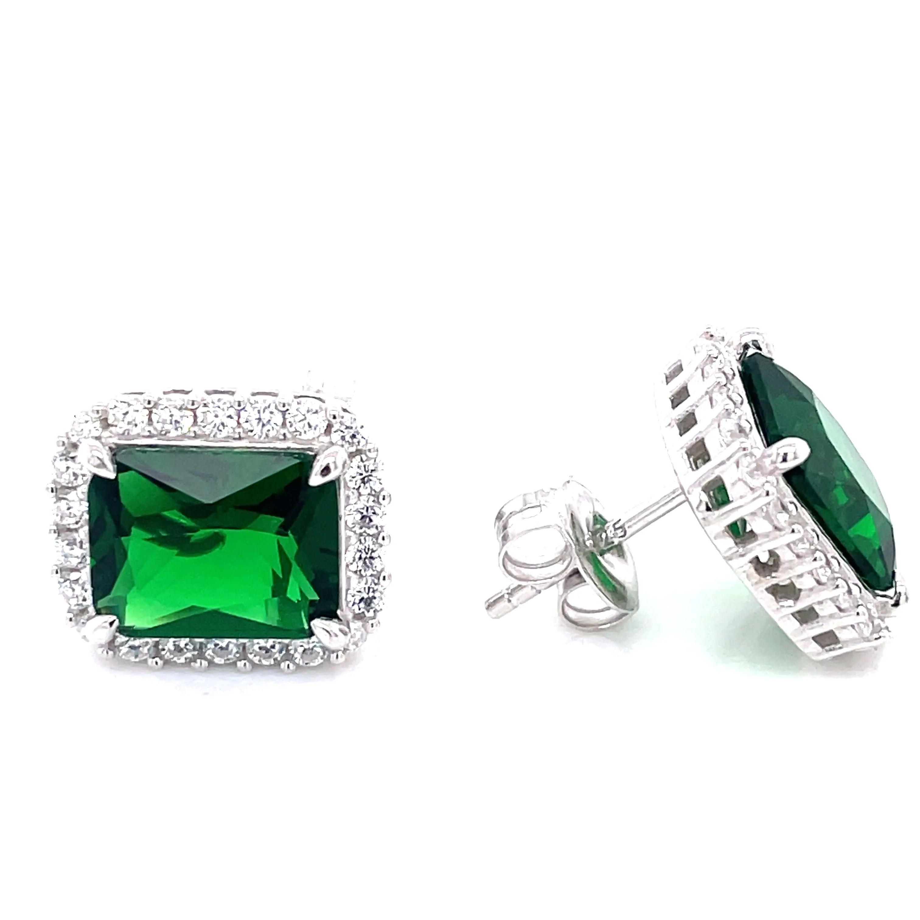 Sterling Silver Emerald Cut Emerald CZ Earrings