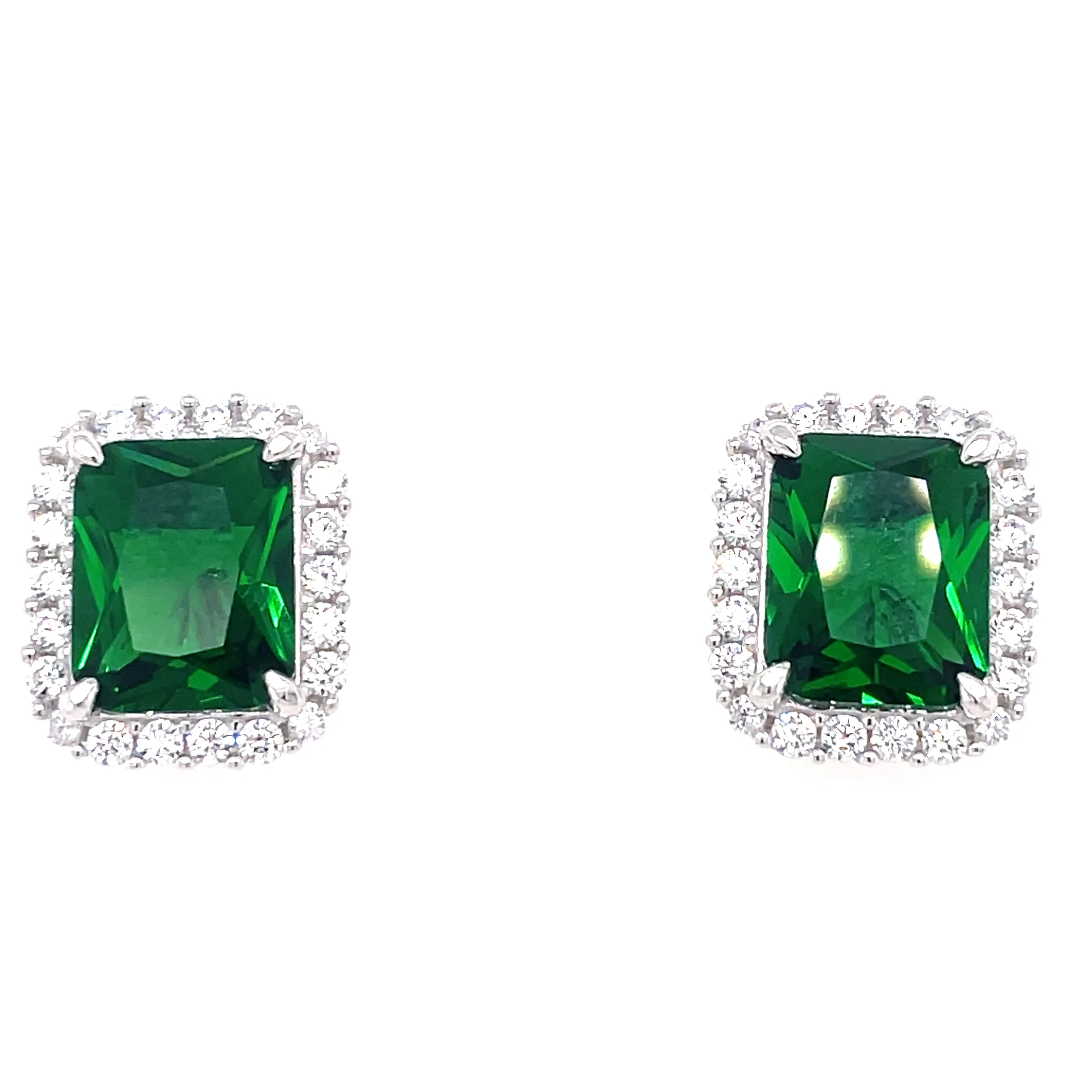 Sterling Silver Emerald Cut Emerald CZ Earrings