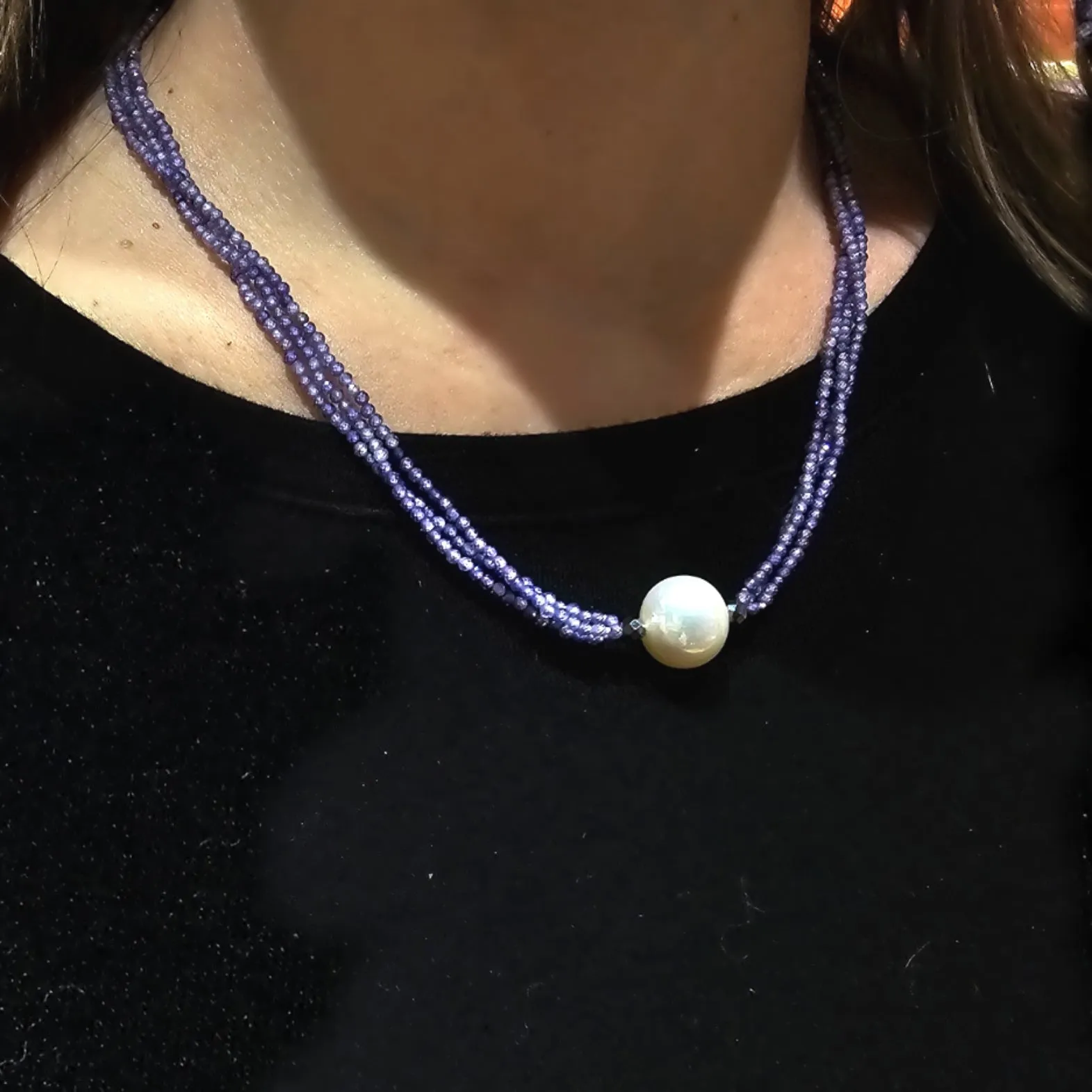 STERLING SILVER PEARL AND PURPLE ZIRCON STRAND NECKLACE