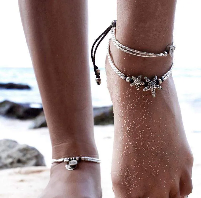 Stretch Vintage Anklet  Om, Starfish Beads Bracelet