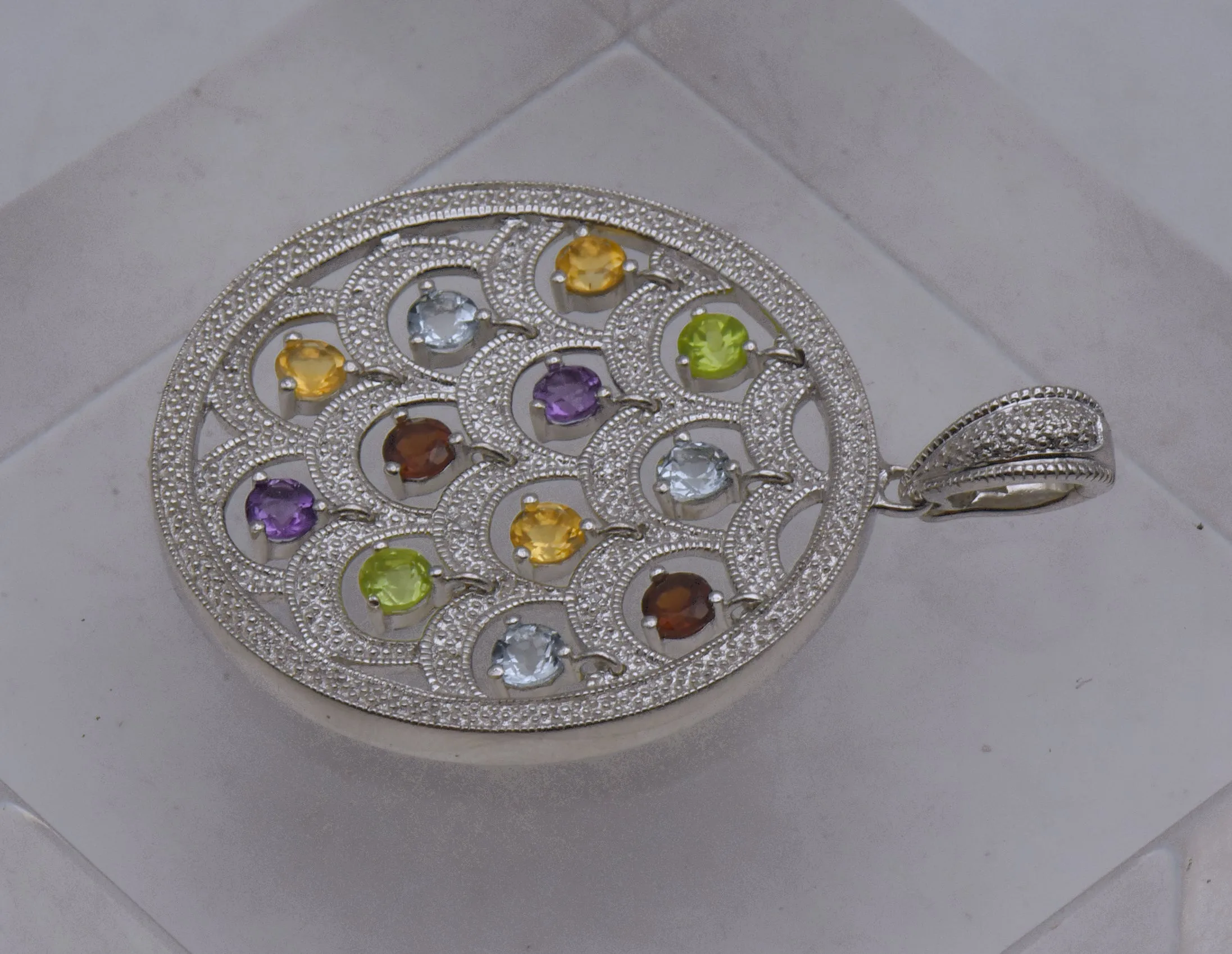 Stunning Colored Gemstones and Diamonds Chandelier Pendant on Multi-Strand Sterling Chain Necklace