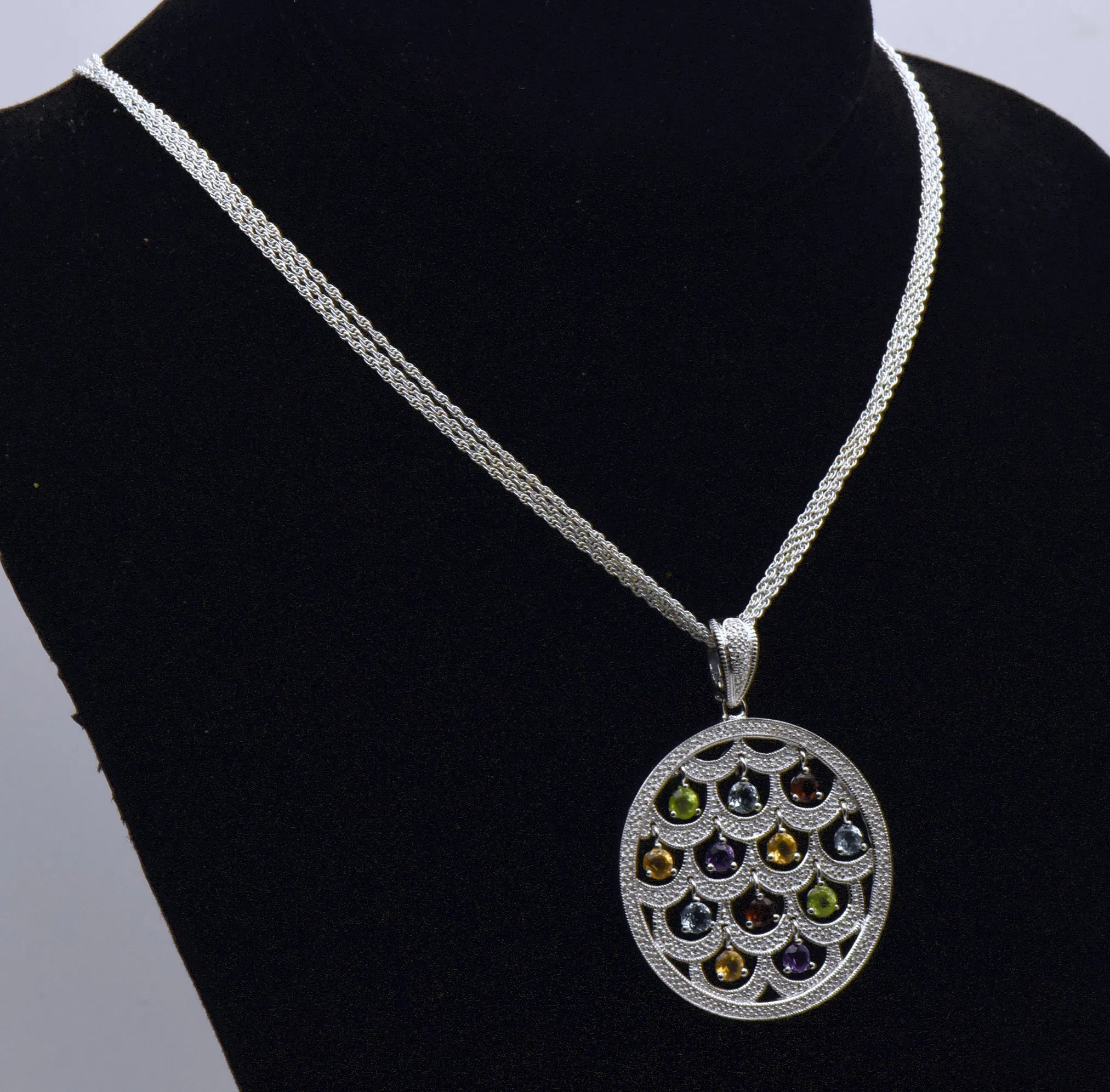 Stunning Colored Gemstones and Diamonds Chandelier Pendant on Multi-Strand Sterling Chain Necklace