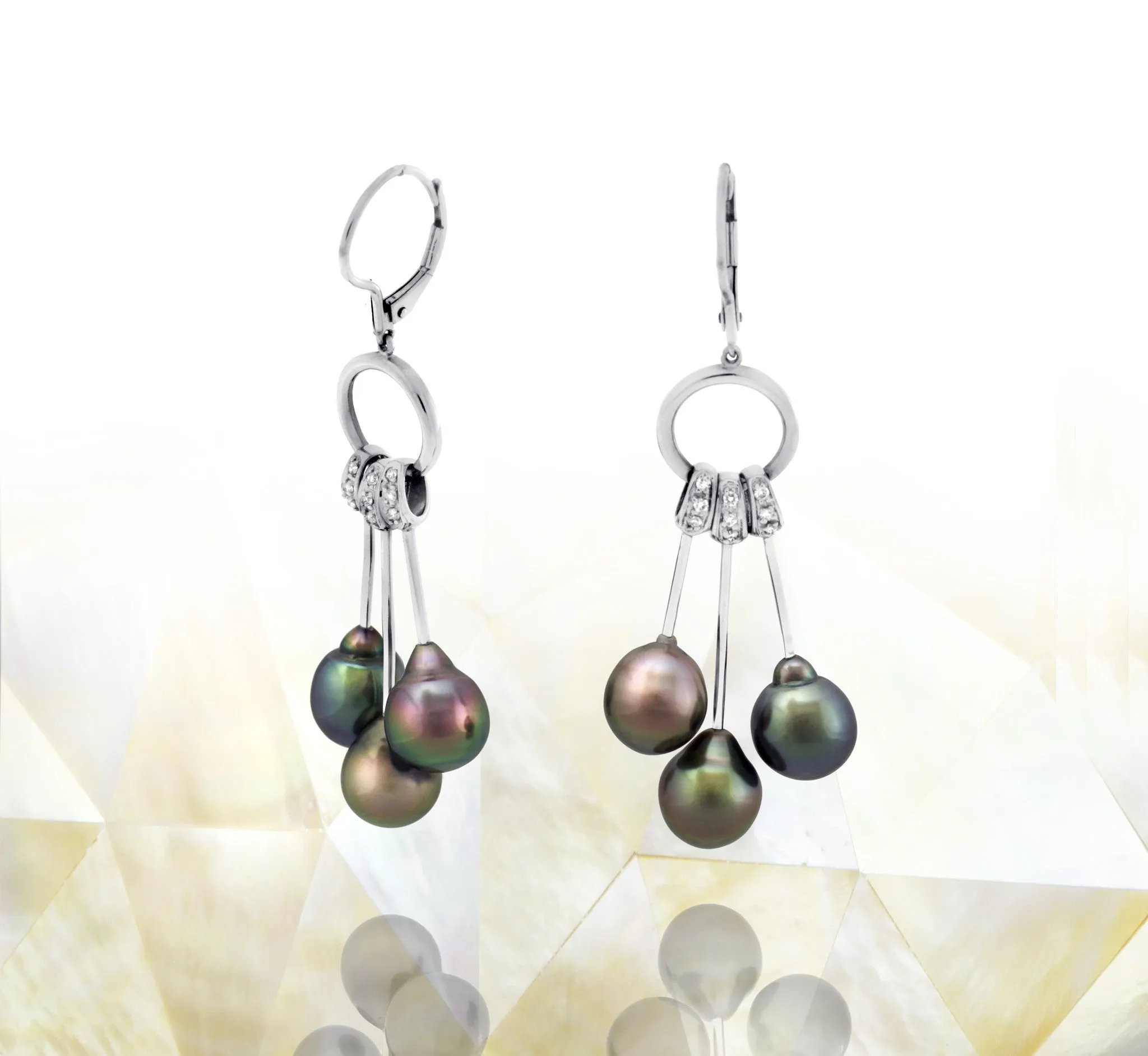 Tahitian pearl earrings in 18k white gold and diamonds - Rainbow drops- EAWDPE00053