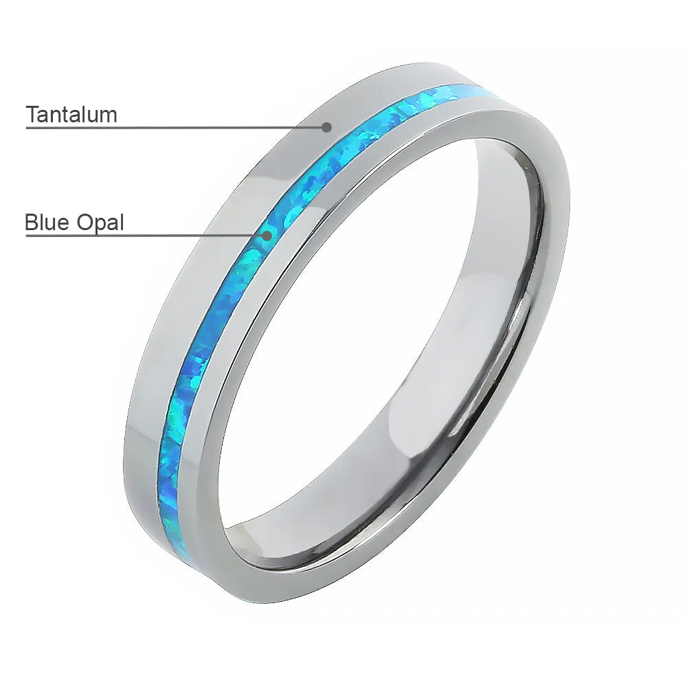 Stunning 4mm Flat Tantalum Wedding Ring with Elegant Blue Opal Inlay