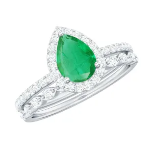 Teardrop Emerald Bridal Ring Set with Diamond