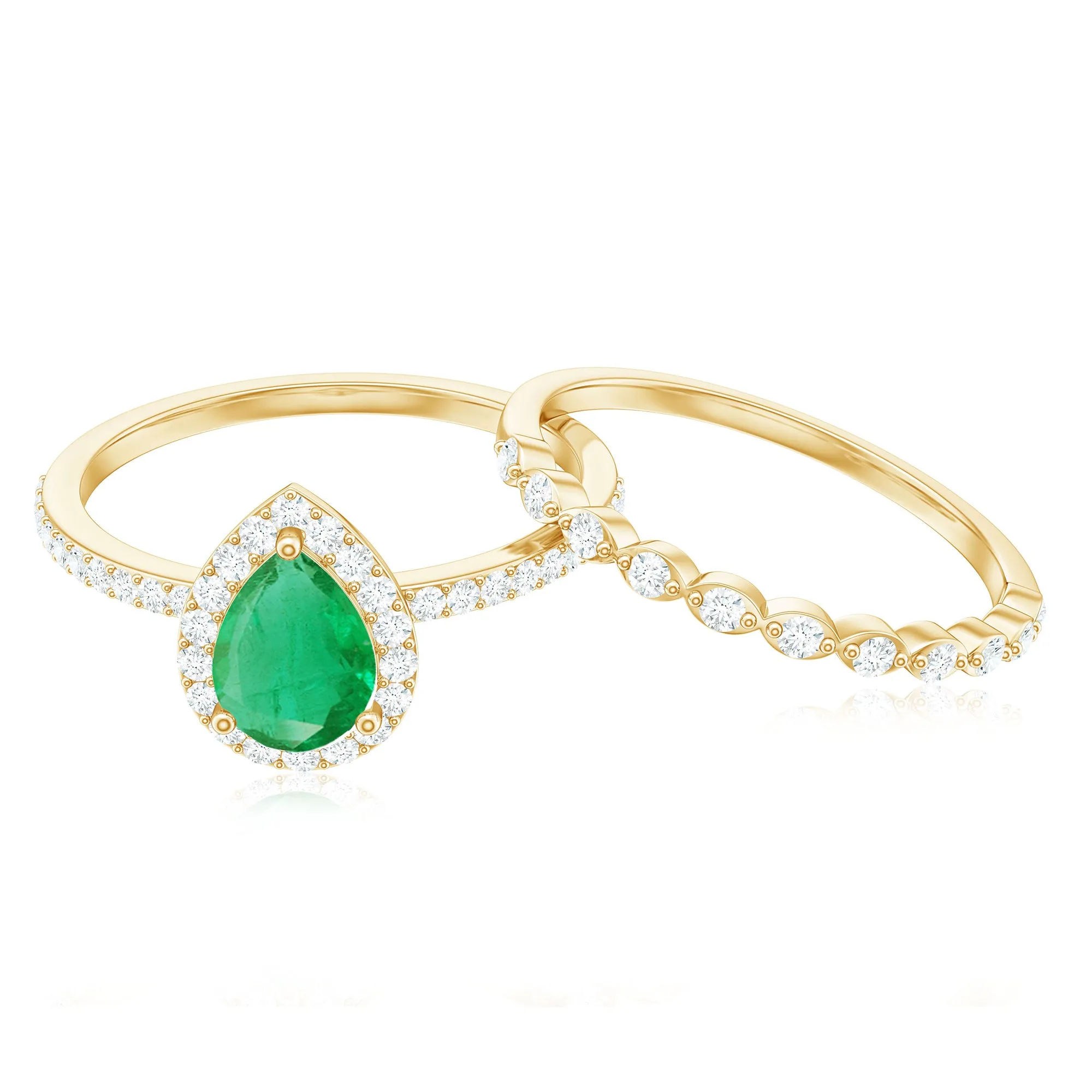 Teardrop Emerald Bridal Ring Set with Diamond