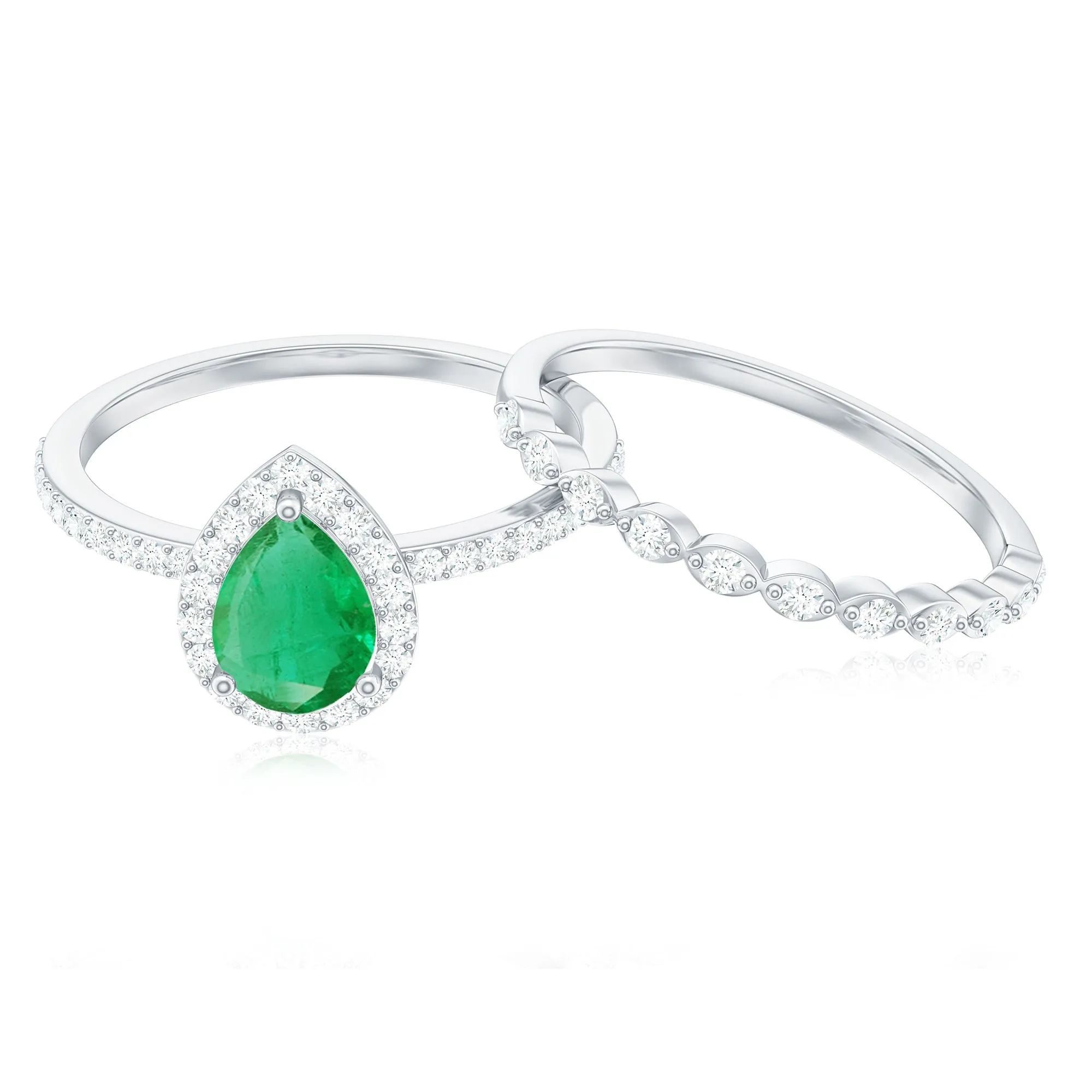 Teardrop Emerald Bridal Ring Set with Diamond