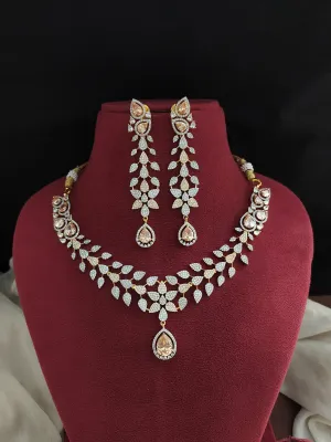 Two-Tone Diamond Finish Zircon Necklace Set with Champagne & White Stones