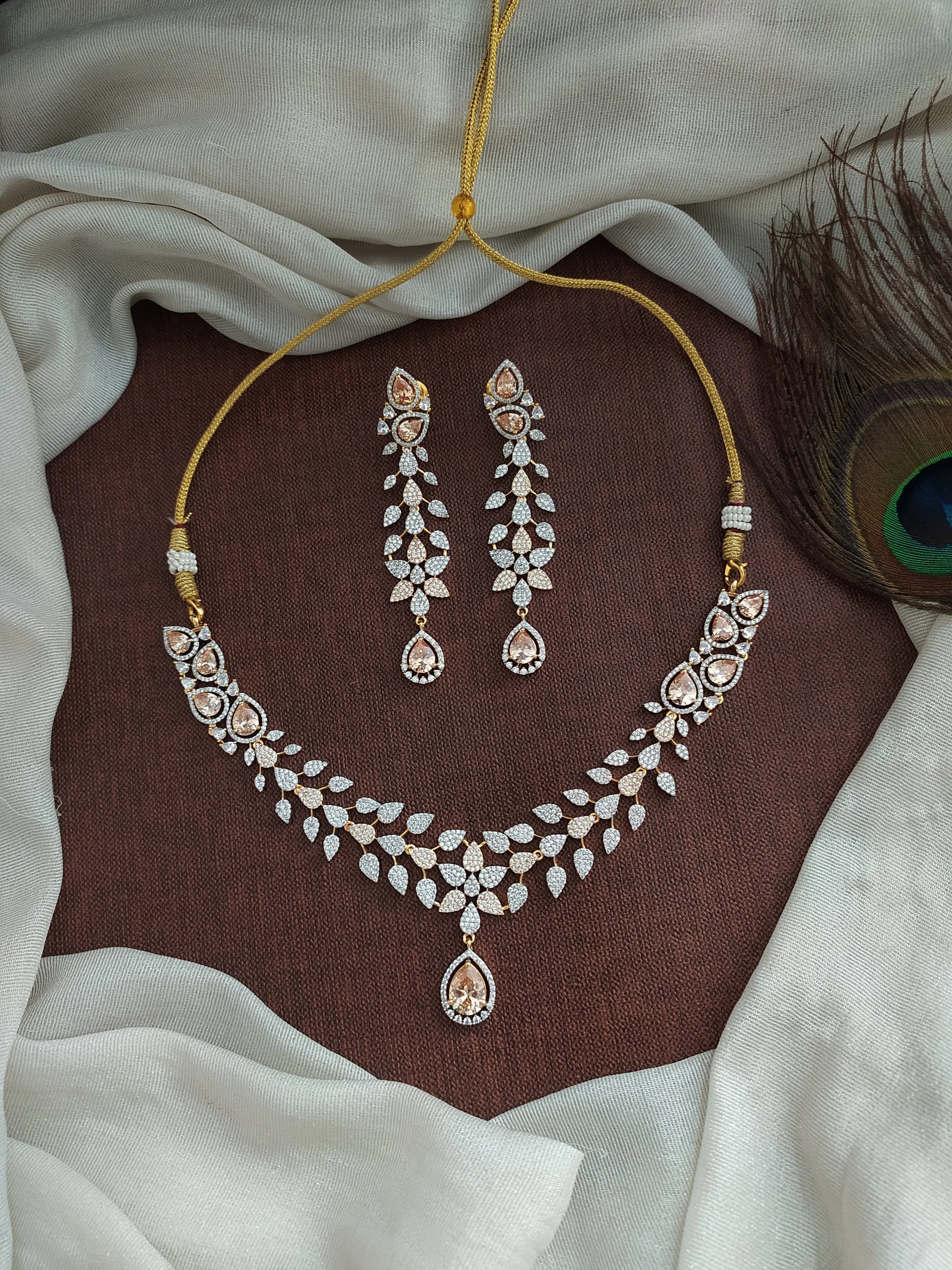 Two-Tone Diamond Finish Zircon Necklace Set with Champagne & White Stones