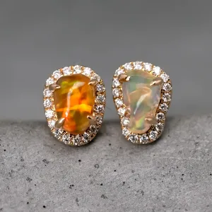 Two Tone Fire Opal Halo Diamond Stud Earrings 18k Yellow Gold