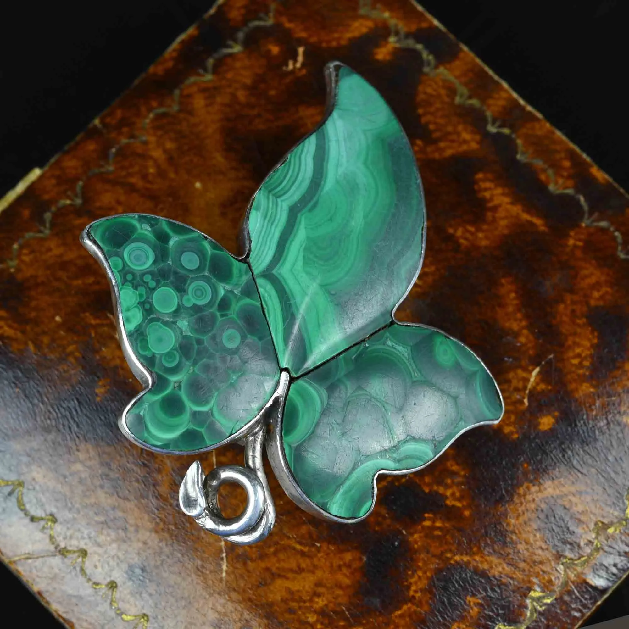 Victorian Sterling Silver Malachite Ivy Leaf Brooch