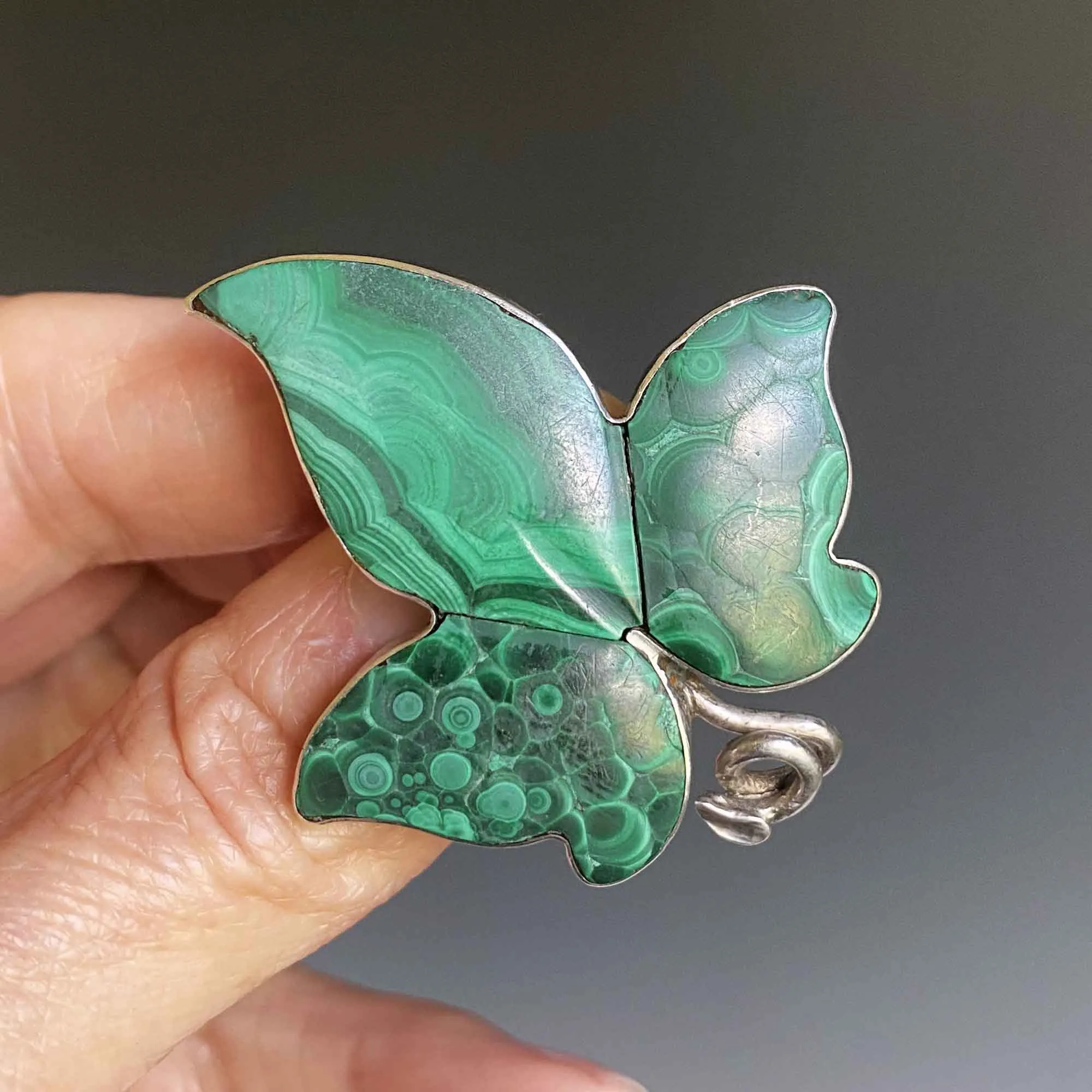 Victorian Sterling Silver Malachite Ivy Leaf Brooch