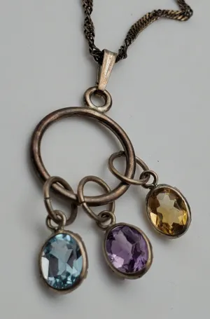 Vintage Blue Topaz, Amethyst, Citrine Dangle Pendant on Italian Sterling Silver Chain Necklace - 16"