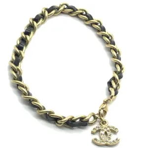 Vintage Chanel Leather Weave Anklet with Rhinestone Charm