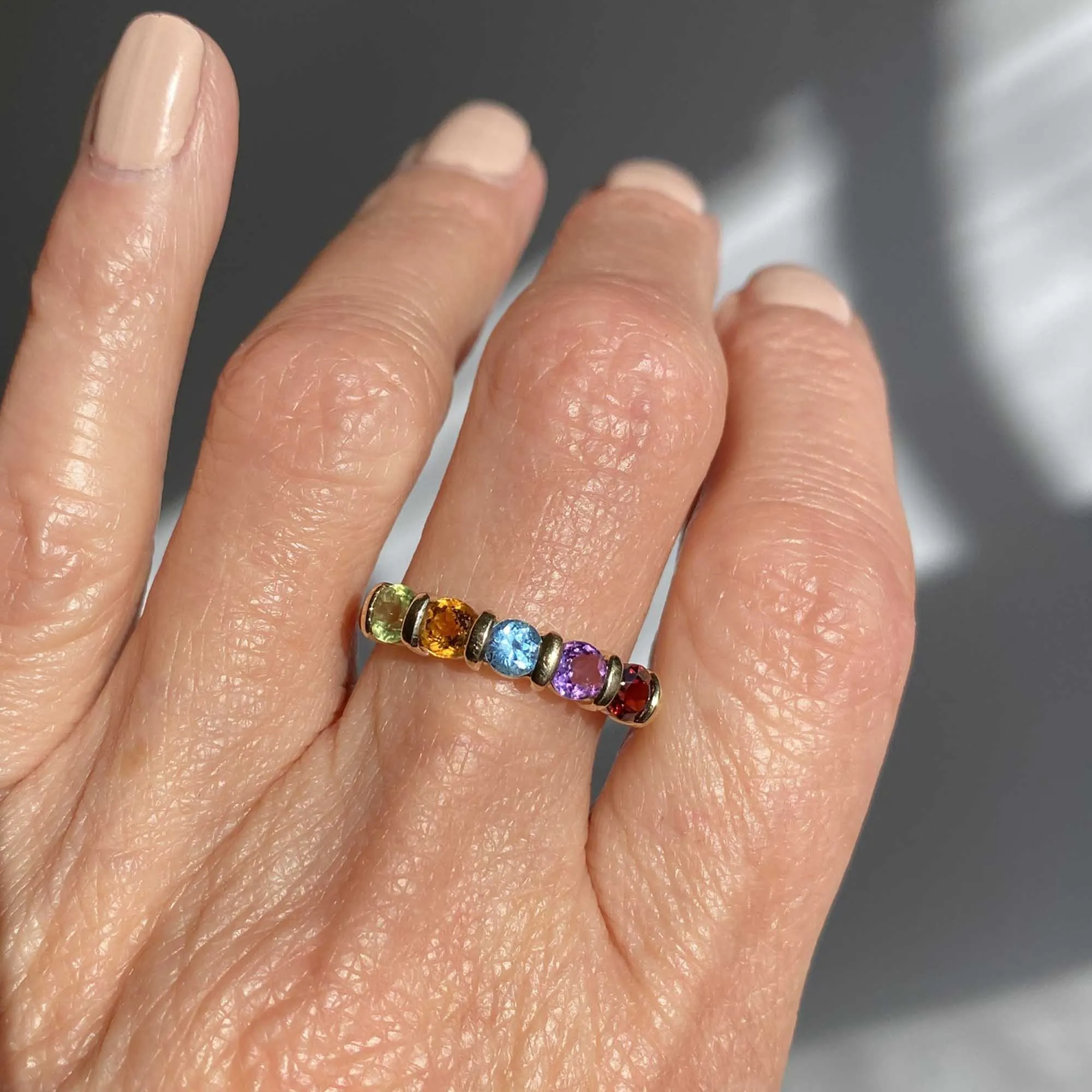 Vintage Five Stone Multi Gemstone Ring Band in Gold