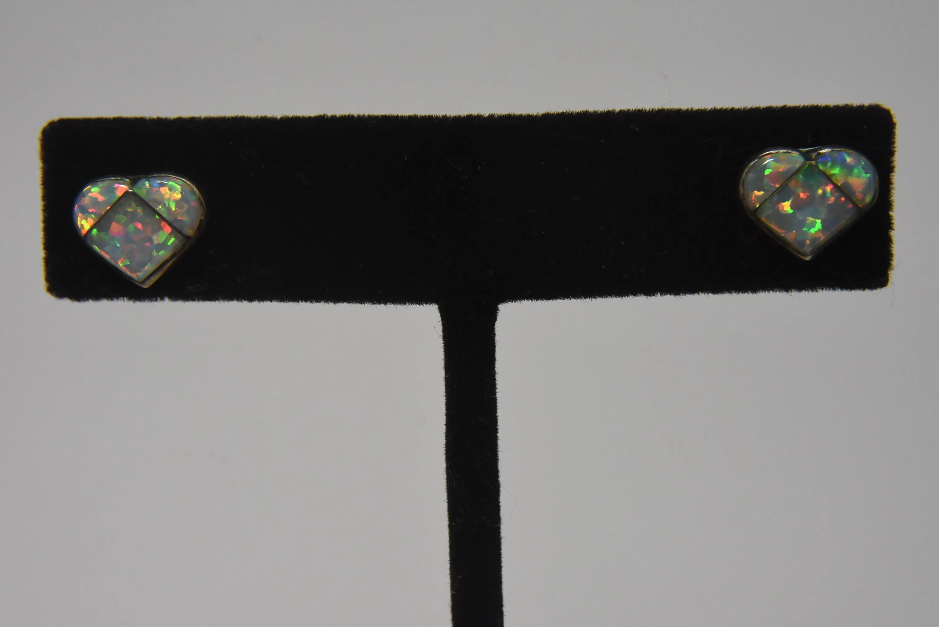 Vintage Pair of Sterling Silver White Opal Inlaid Heart Stud Earrings