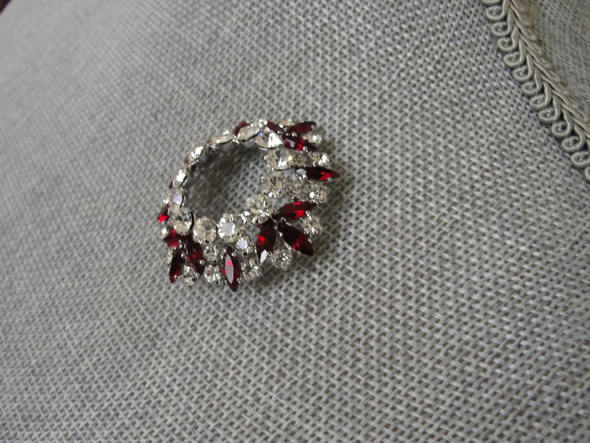 Vintage SHERMAN Signed Glittering White and Garnet Red Rhinestone Brooch,Prong Set,Brilliant Dazzling Swarovski Crystal,COLLECTIBLE Jewelry