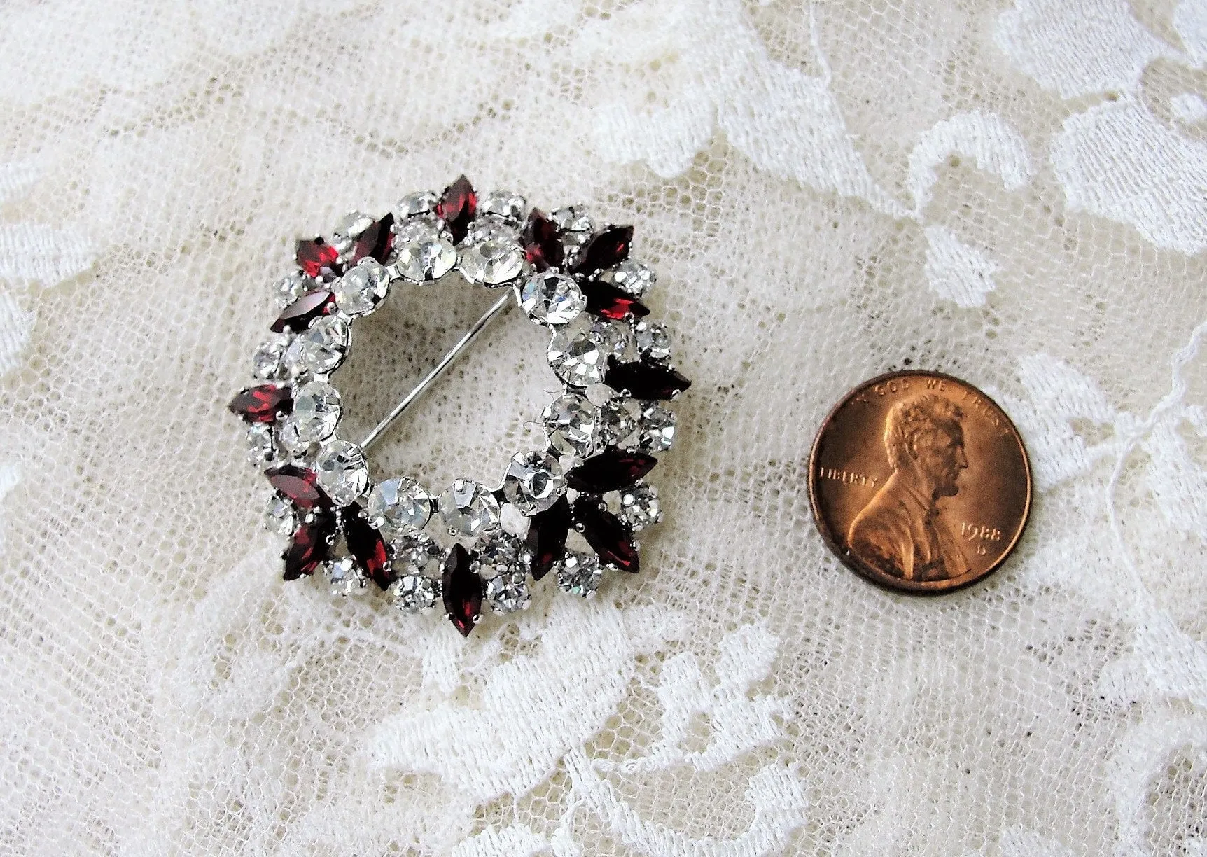 Vintage SHERMAN Signed Glittering White and Garnet Red Rhinestone Brooch,Prong Set,Brilliant Dazzling Swarovski Crystal,COLLECTIBLE Jewelry