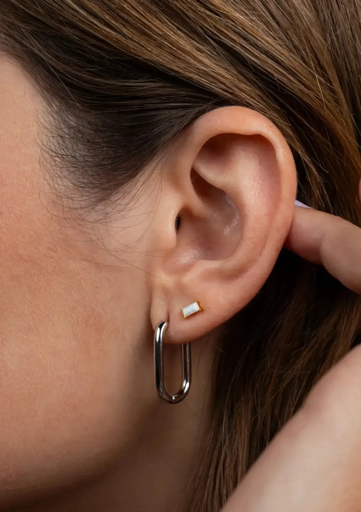 White Opal Baguette Post Earrings