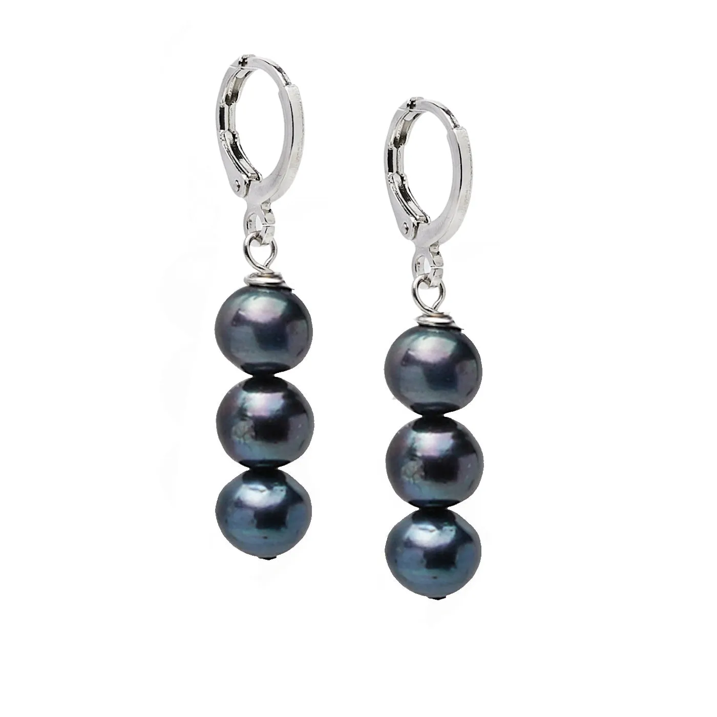 Women's Pearl Earrings - Black | Triple Pearl Beads Dangle Drop Hoop Leverback Earrings | Gift for Her