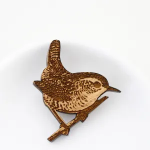 Wooden Wren Brooch