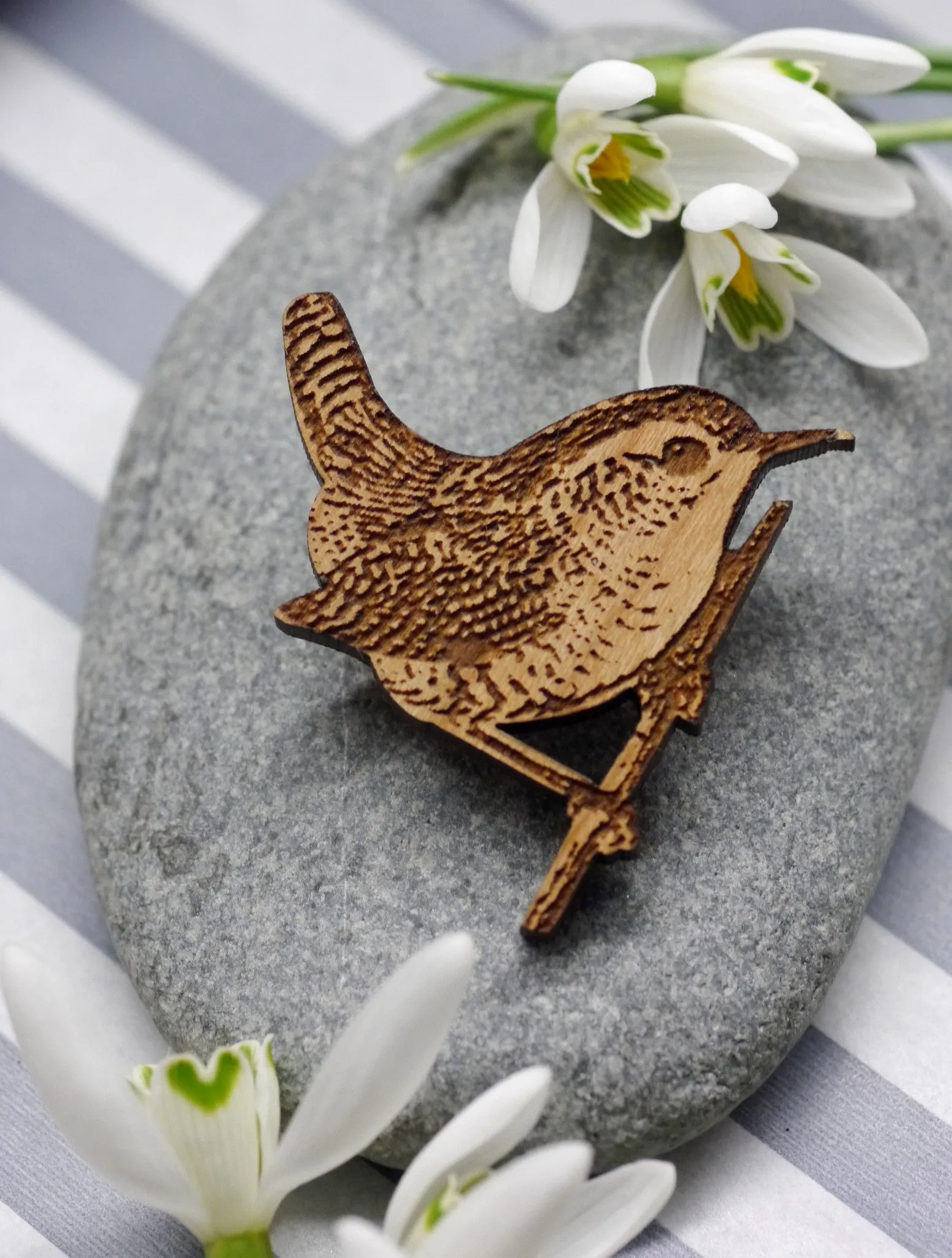 Wooden Wren Brooch