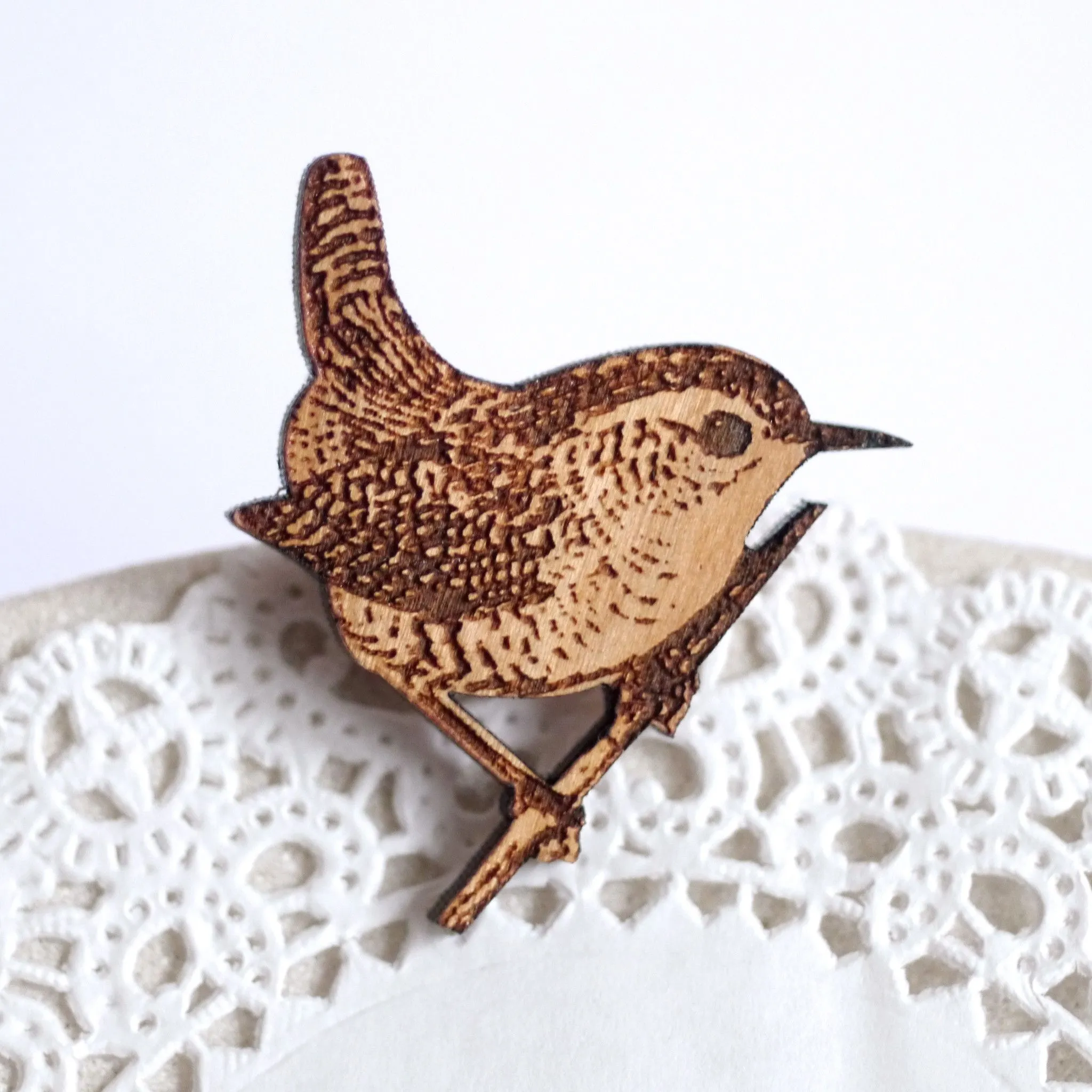 Wooden Wren Brooch