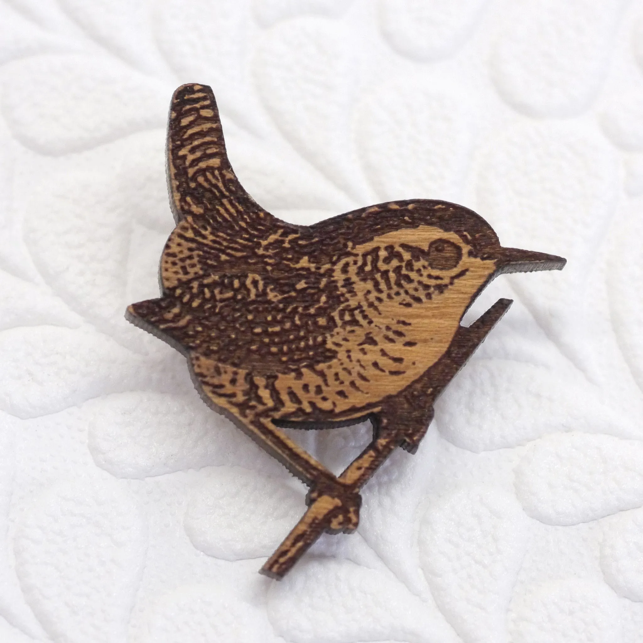 Wooden Wren Brooch